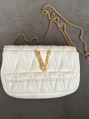 Versace White Quilted Crossbody with Gold V Chain Accent